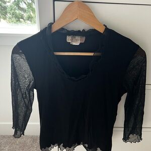 Black Fitted Ruffled Blouse with 3/4 Sleeves